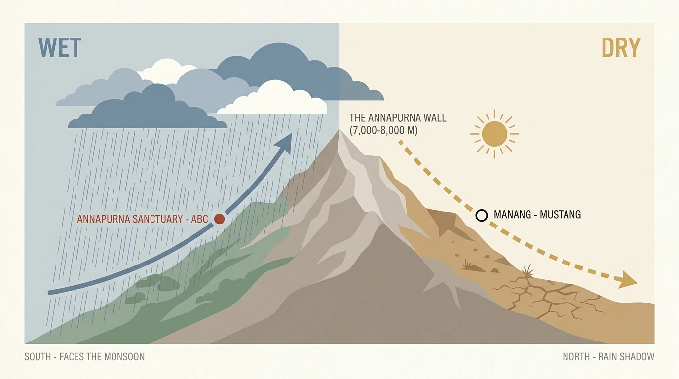 Cross-section of the Annapurna wall: monsoon cloud and rain pile up on the wet south side where the Annapurna Sanctuary (ABC) sits, while Manang and Mustang stay dry in the rain shadow to the north.